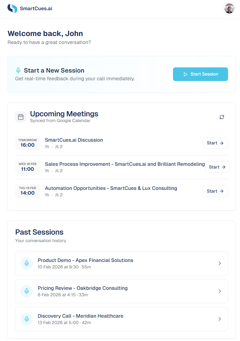 SmartCues.ai Dashboard — Calendar integration, upcoming meetings, and past sessions
