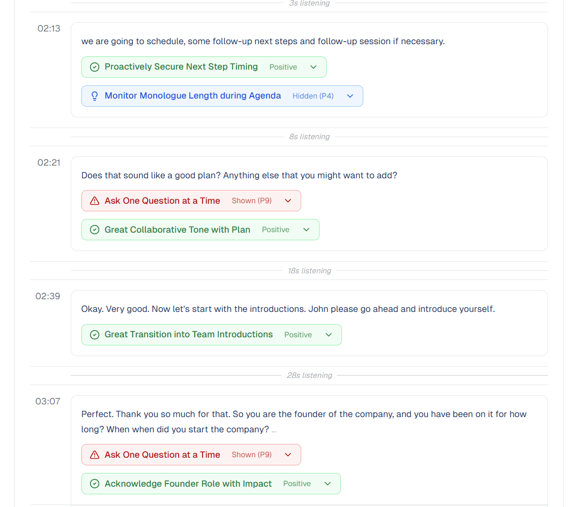 SmartCues.ai transcript with inline coaching — positive reinforcement and improvement tags on every moment
